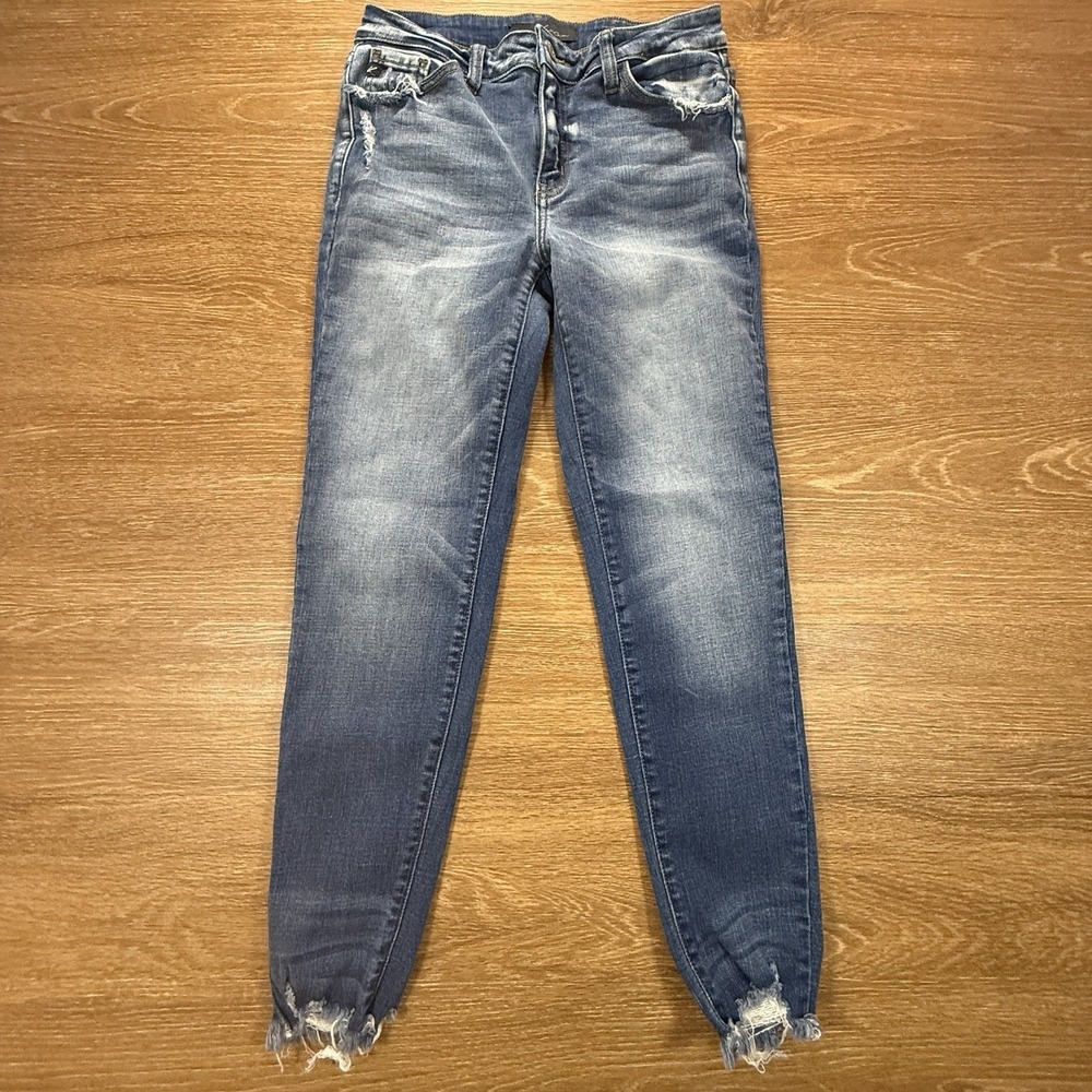 KanCan Jeans Women's 27 Skinny Distressed Raw Hem Stretch Denim Blue